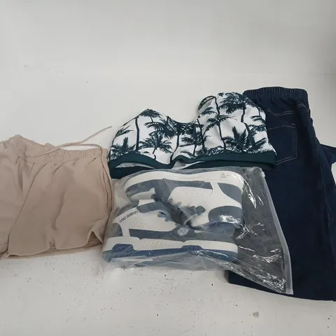 LARGE QUANTITY OF ASSORTED CLOTHING AND ACCESSORIES TO INCLUDE; TRAINERS, JEANS AND SWIM SUITES