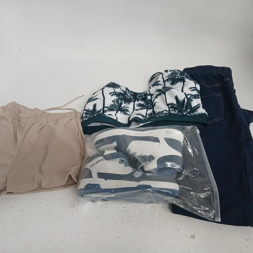 LARGE QUANTITY OF ASSORTED CLOTHING AND ACCESSORIES TO INCLUDE; TRAINERS, JEANS AND SWIM SUITES