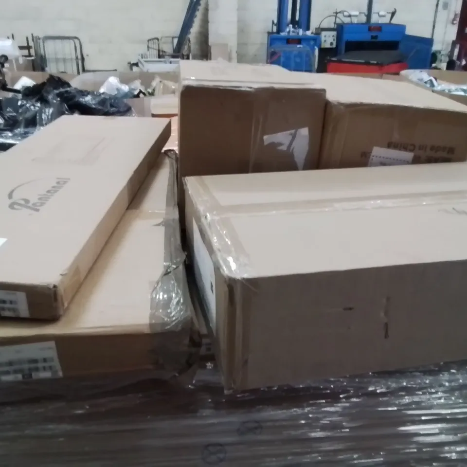 PALLET CONTAINING VARIOUS ASSORTED ITEMS TO INCLUDE,  BLOOD PRESSURE MACHINE, SOFA PARTS, BEDSIDE DRAWER UNIT, DISTILER AND LOT MORE UNMARKED BOXED ITEMS 
