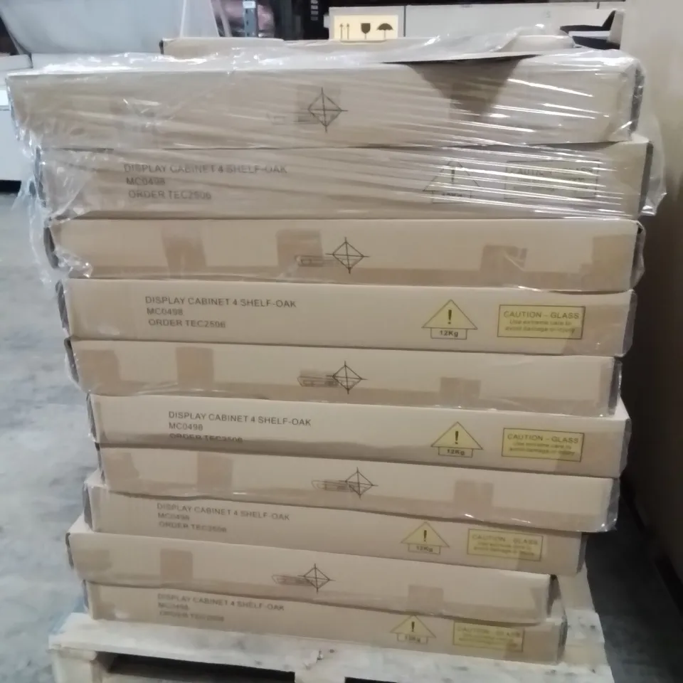 PALLET CONTAINING A LARGE QUANTITY OF 4 SHELF DISPLAY CABINETS OAK