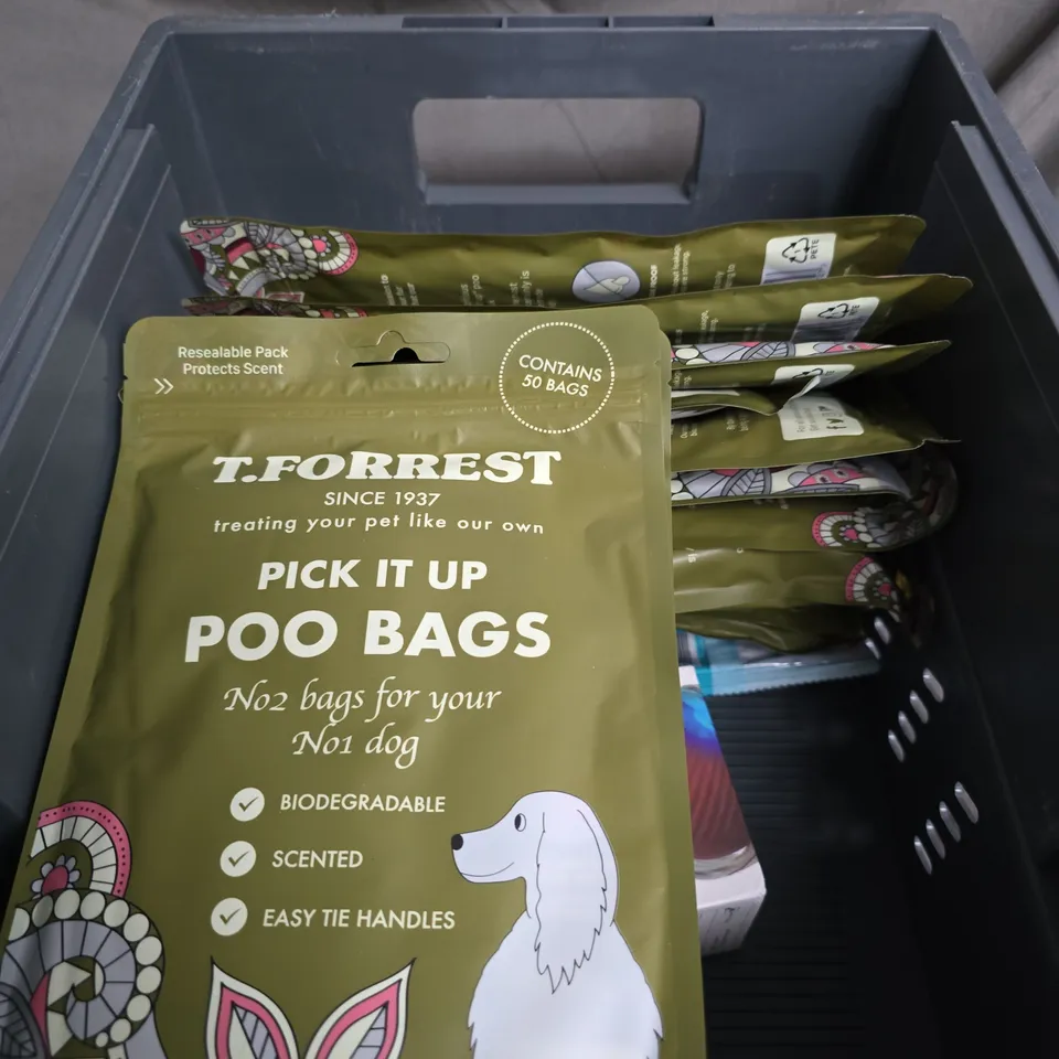 APPROXIMATELY 15 ITEMS OF PET CARE LOT: T. FORREST PICK IT UP POO BAGS (50 BAGS), BIODEGRADABLE & SCENTED, PLUS MY SPECIAL KEEPSAKES BOX.