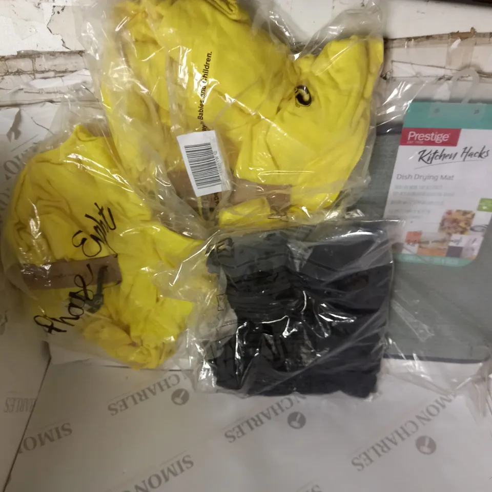 2 YELLOW V NECK TOPS, BLACK DRESS, DISH DRYING MAT