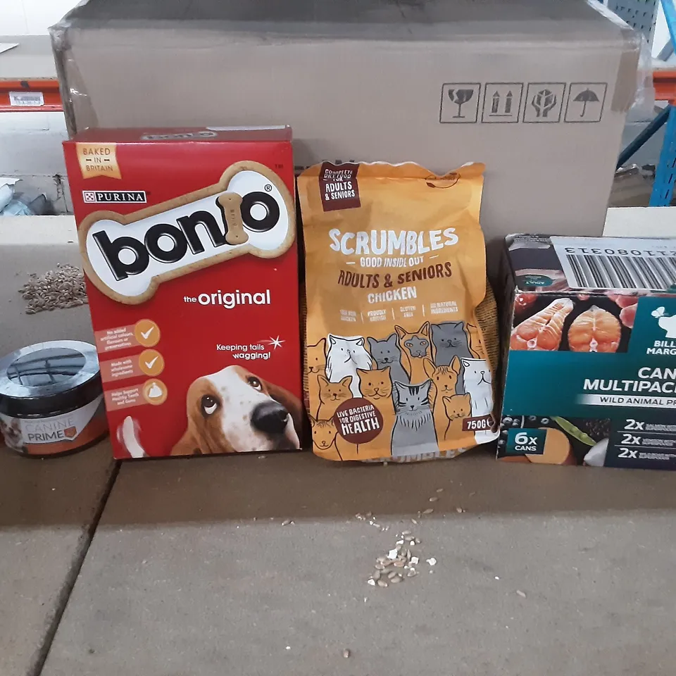 2 TOTES OF PET SUPPLIES INCLUDING DECHRA SPECIFIC CIW DIGESTIVE SUPPORT FOR DOGS, CANINE PRIME, SCRUMBLES ADULT & SENIOR CHICKEN CAT FOOD, BILLY + MARGOT CANS MULTIPACK DOG FOOD, BONIE DOG BISCUITS