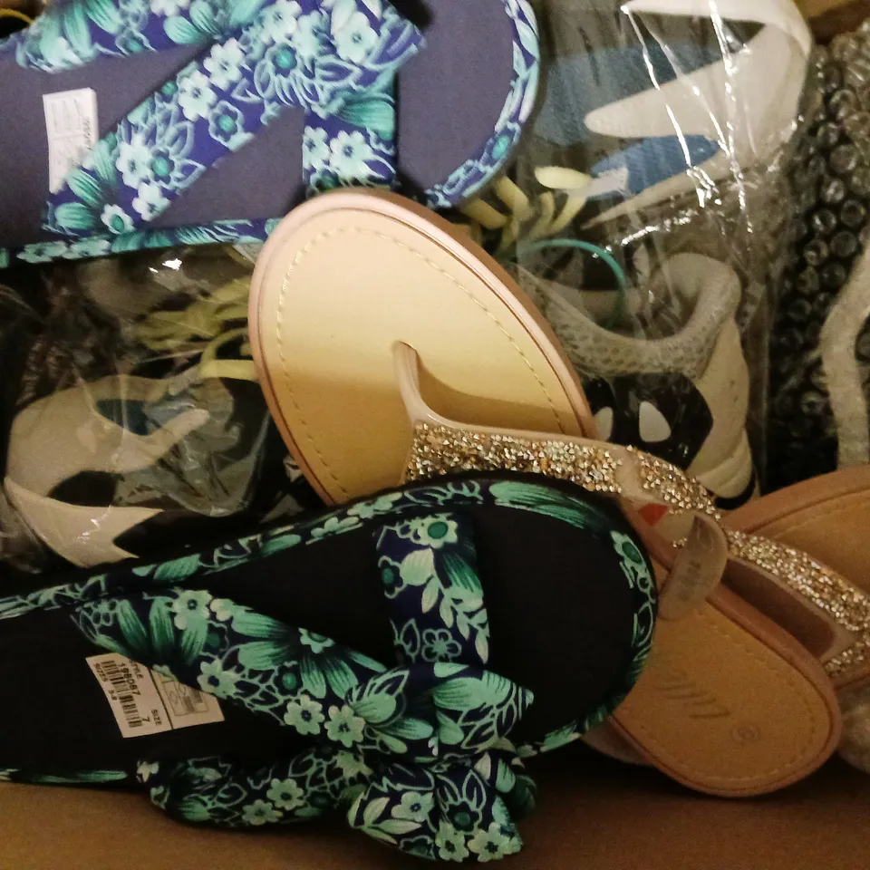 BOX OF APPROXIMATELY 8 ASSORTED PAIRS OF SHOES AND FOOTWEAR ITEMS IN VARIOUS COLOURS, STYLES, AND SIZES - COLLECTION ONLY