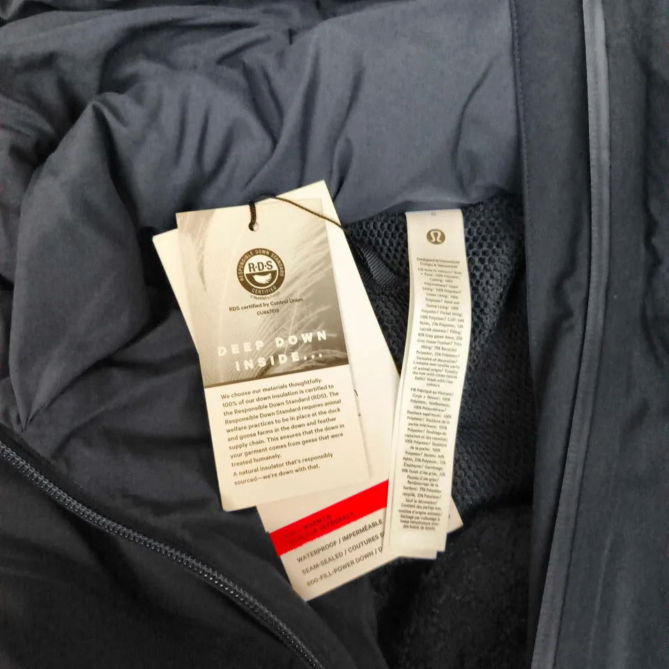 LULULEMON STRETCHSEAL SLEET STREET LONG JACKET IN NAVY - SIZE 6