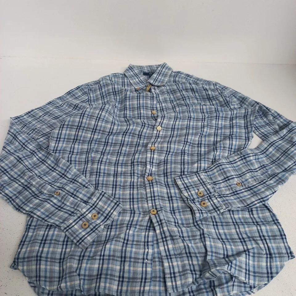 TM LEWIN PURE LINEN SHIRT – BLUE PLAID, MEN'S UK SMALL