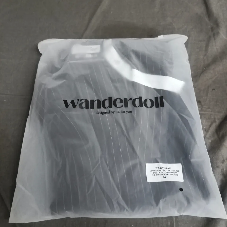 WANDERDOLL BLYTHE TAILORED CINCH WAIST PEPLUM SHIRT CO-ORD IN BROWN PINSTRIPE - SIZE XS