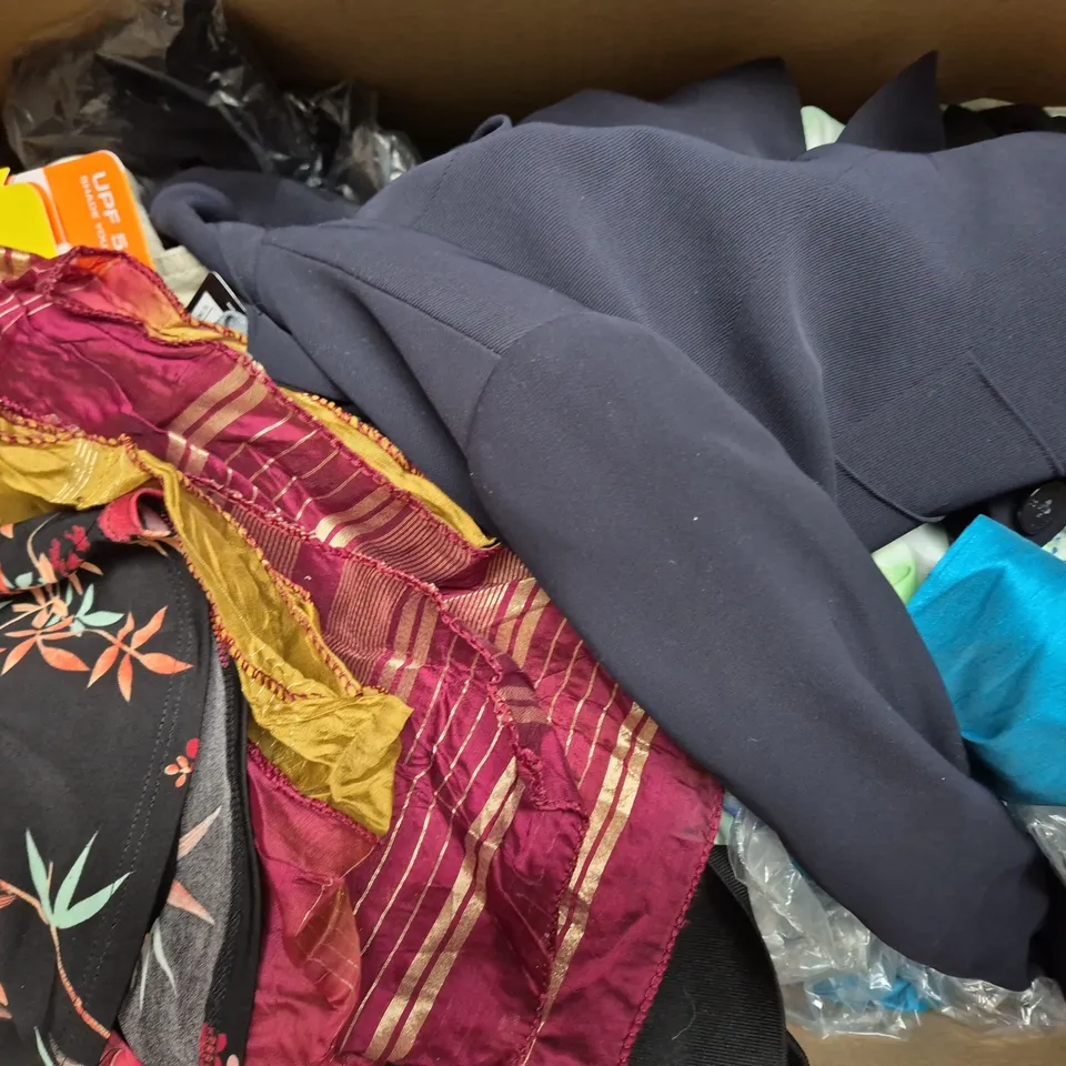 BOX OF APPROXIMATELY 20 ASSORTED CLOTHING AND FASHION PRODUCTS IN VARIOUS STYLES AND SIZES - COLLECTION ONLY