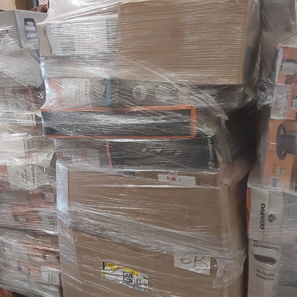 PALLET CONTAINING A VERY LARGE QUANTITY OF ASSORTED ELECTRIC ITEMS INCLUDING: DAEWOO 2000W FAN HEATER, CONVECTOR HEATER, OSCILLATING FAN ECT