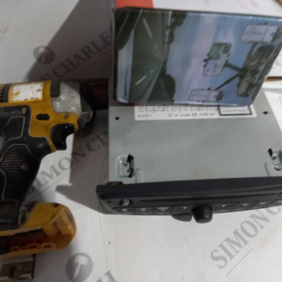 LOT OF ASSORTED CAR ITEMS TO INCLUDE - CAR RADIO - POWER DRILL - PHONE HOLDER 