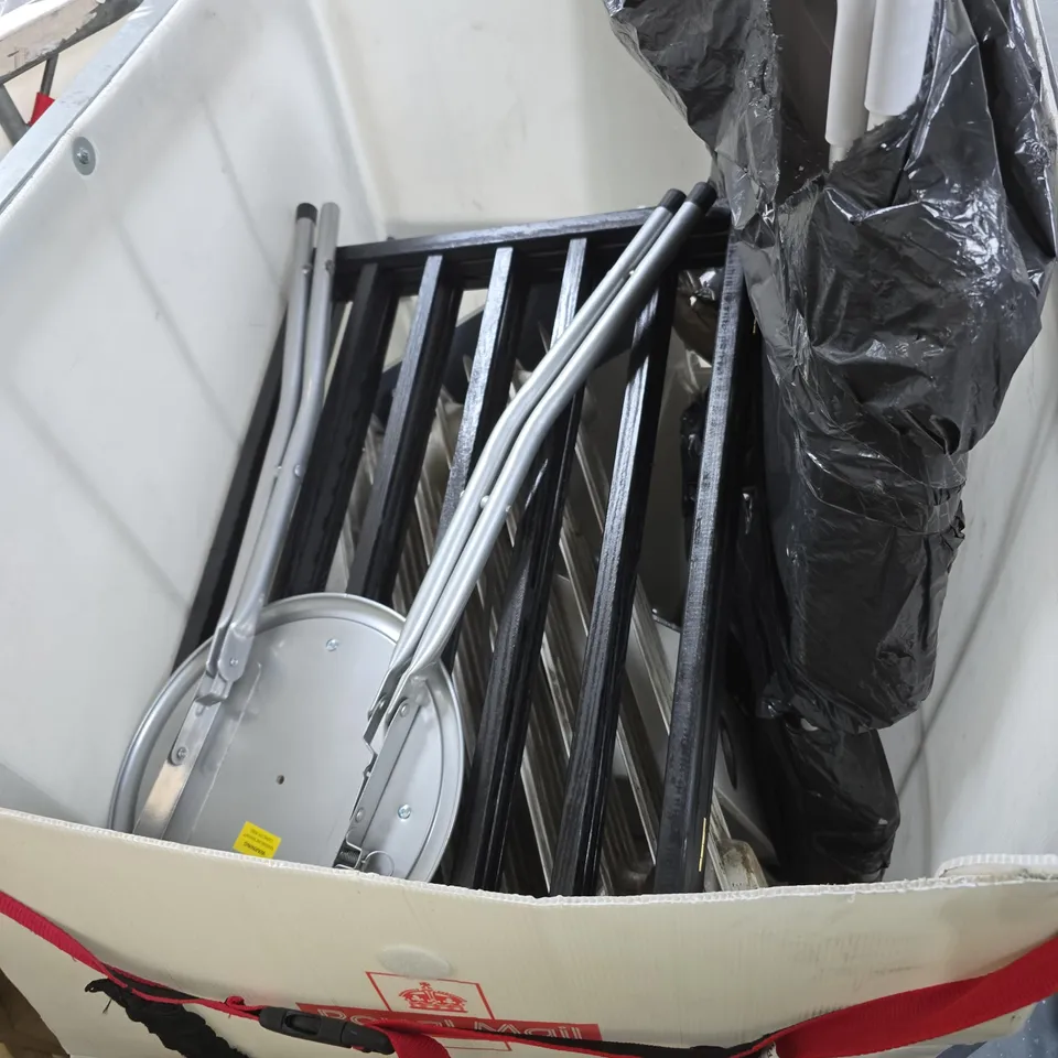 CAGE OF APPROXIMATELY 8 ASSORTED ITEMS TO INCLUDE: FOLDING BAR STOOL