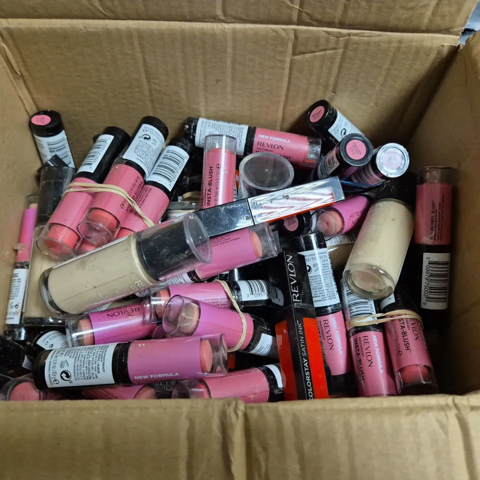 APPROXIMATELY 50 REVLON MAKE UP PRODUCTS TO INCLUDE INSTA-BLUSH, SATIN INK LIQUID LIPSTICK AND COLOURSTAY MAKE UP - ASSORTED SHADES AND SIZES