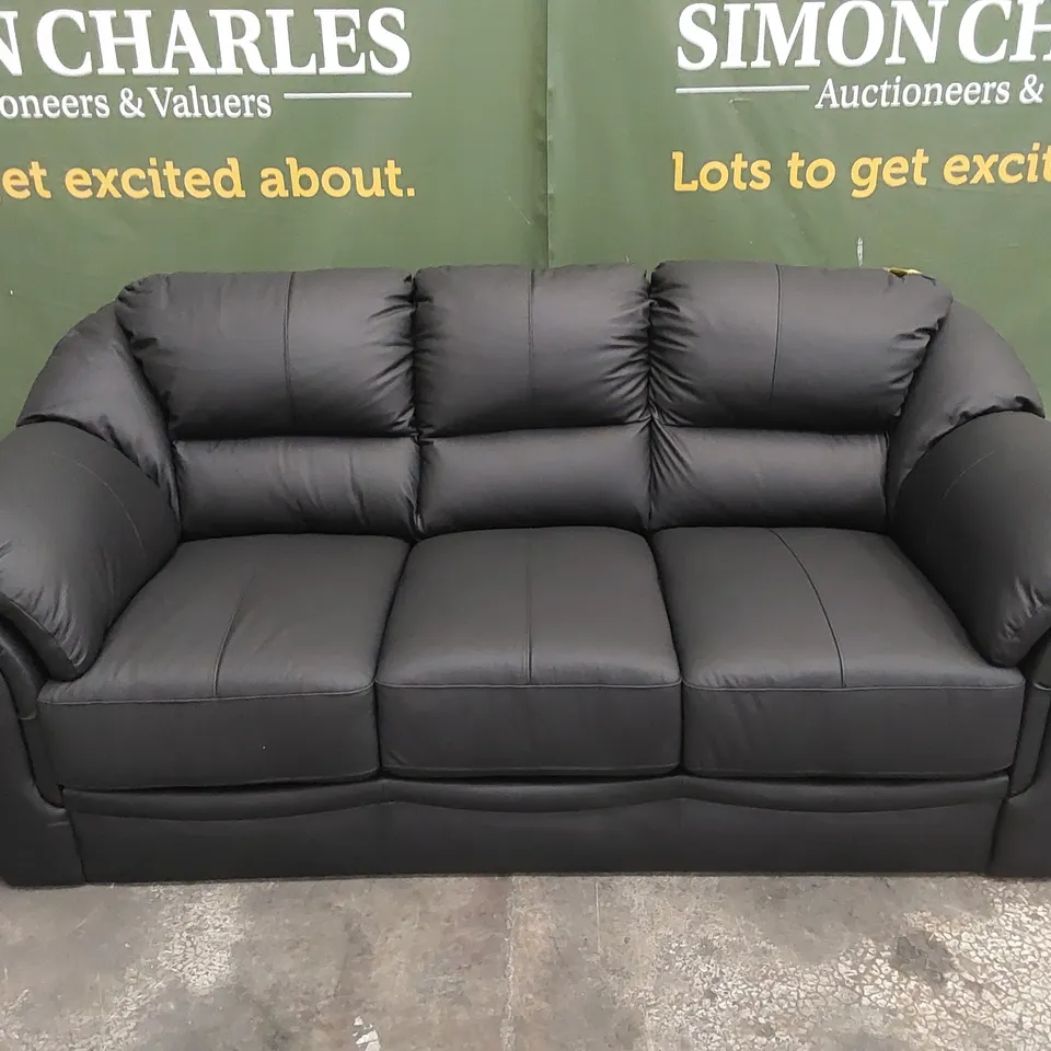 DESIGNER 3-SEATER LEATHER UPHOLSTERED SOFA - BLACK