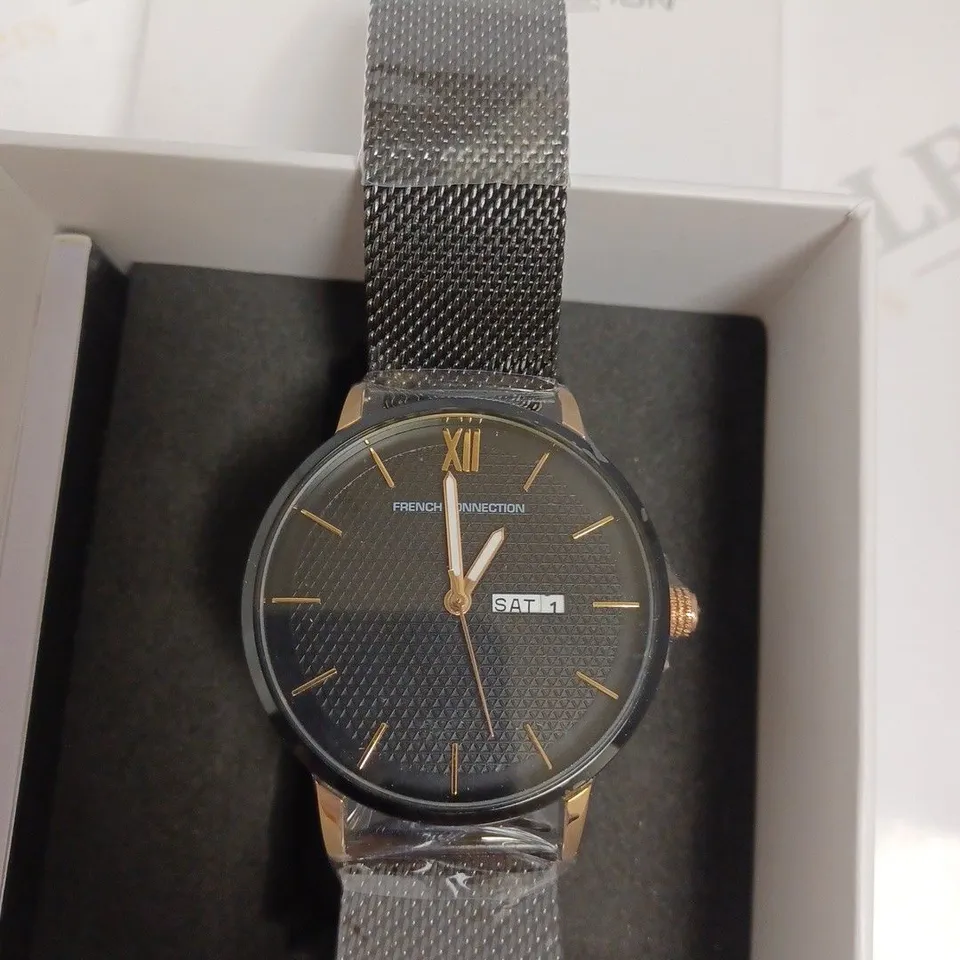 BOXED FRENCH CONNECTION LADIES BLACK DIAL WATCH - BLACK & ROSE GOLD