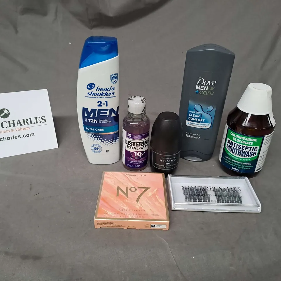 APPROXIMATELY 20 ASSORTED COSMETIC PRODUCTS TO INCLUDE NO1 TOP LASHES, DOVE MEN BODY WASH AND MOUTHWASH