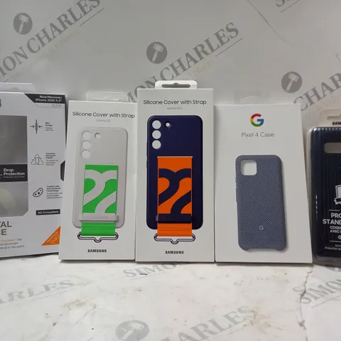 BOX OF APPROX 30 ASSORTED PROTECTIVE PHONE CASES FOR VARIOUS MODELS TO INCLUDE - PIXEL 4 CASE - SILICONE COVER THE STRAP - GEAR4 CRYSTAL PALACE IPHONE 2020 5.4 ECT