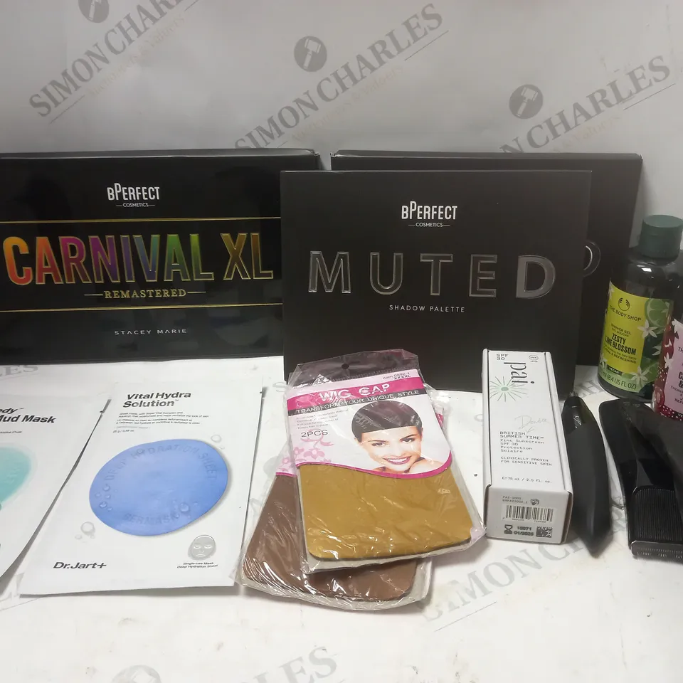 LOT OF BEAUTY PRODUCTS TO INCLUDE BPERFECT MUTED SHADOW PALETTE, ETC