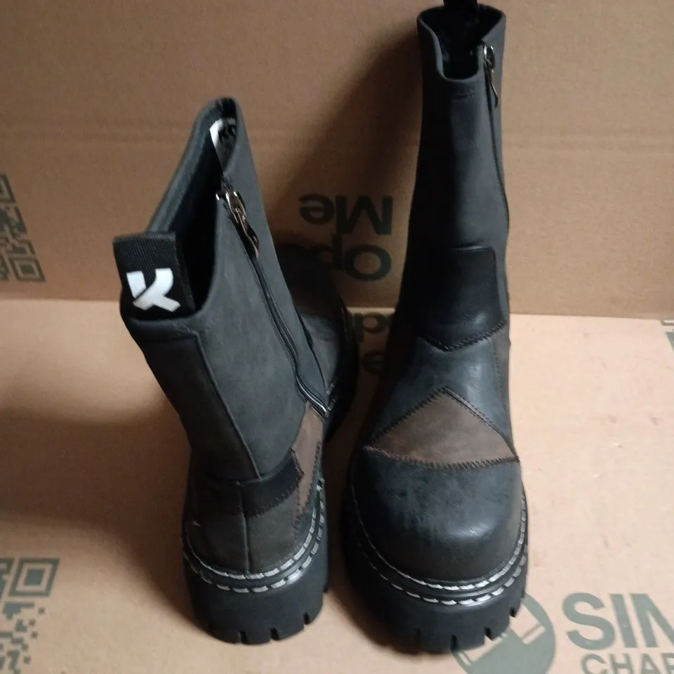 BOXED KO WOMEN'S LEATHER LOOK PATCHWORK KNEE-HIGH BOOTS – BLACK & BROWN, SIDE ZIP - 6