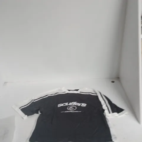 SCUFFLERS T-SHIRT – UK SIZE S, BLACK WITH WHITE SLEEVE STRIPES