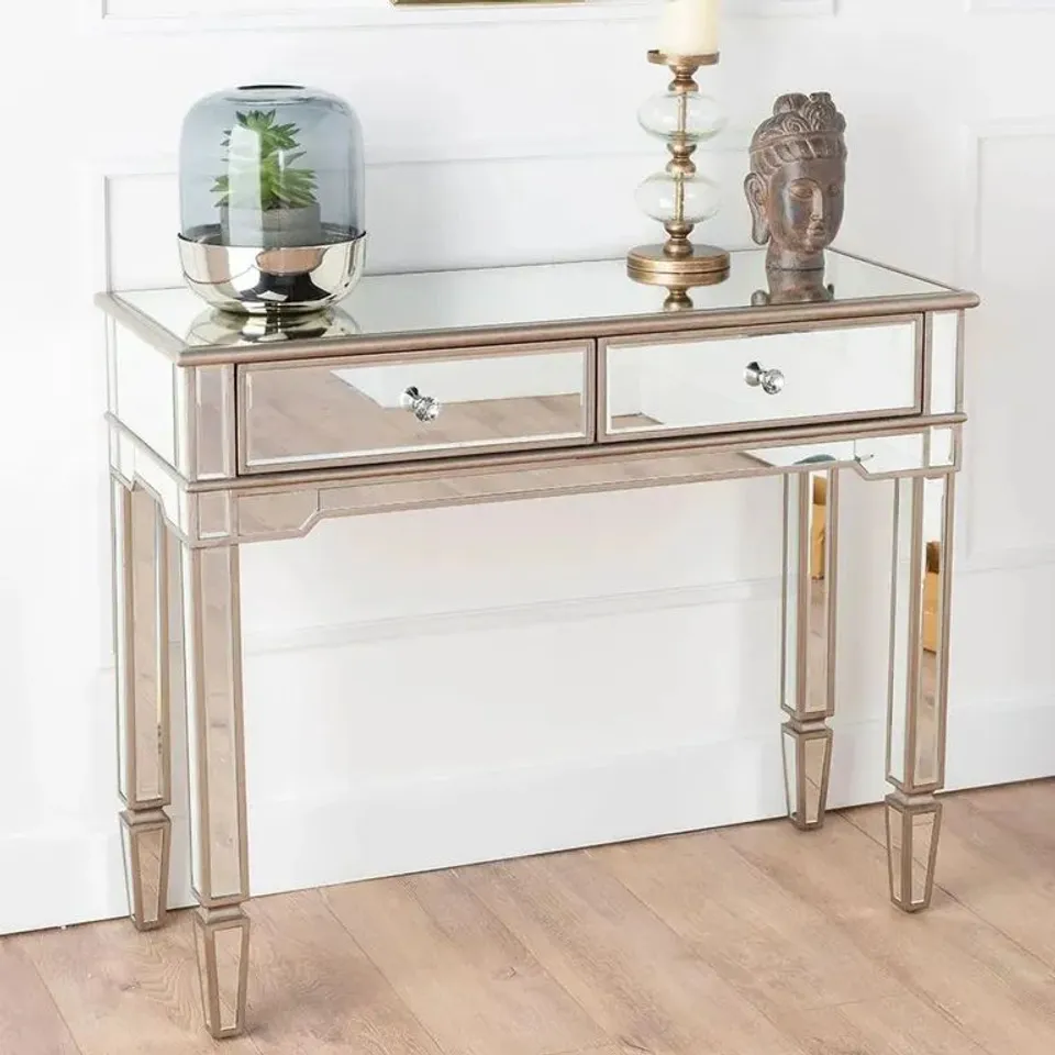 BOXED ANTOINETTE CONSOLE TABLE - MIRRORED - CHAMPAGNE TRIM