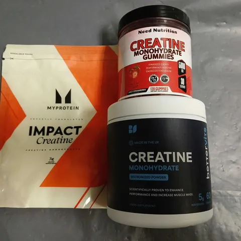 LOT OF 3 ASSORTED CREATINE SUPPLEMENTS TO INCLUDE MYPROTEIN AND BETTERVITS