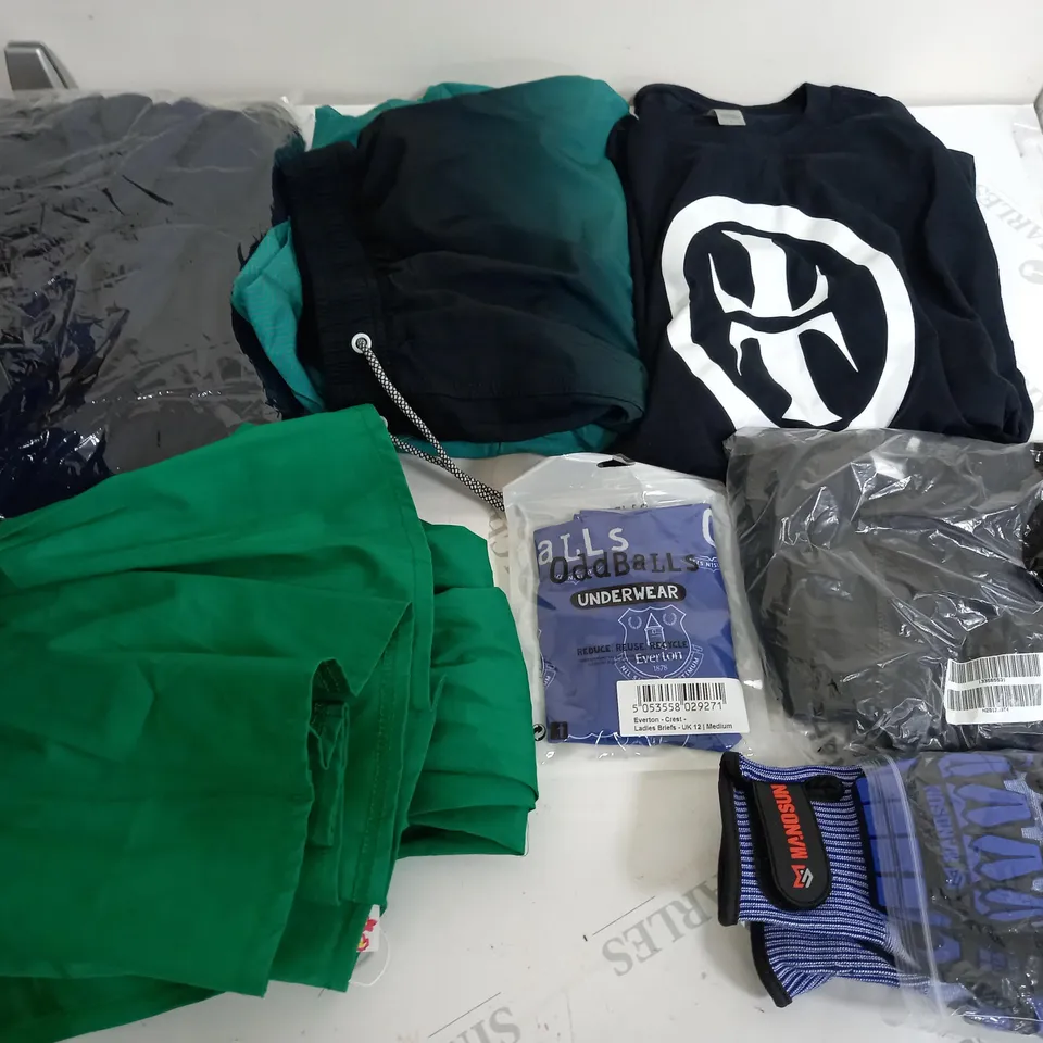 LARGE BOX OF ASSORTED CLOTHING ITEMS IN VARIOUS COLOURS AND SIZES INCLUDING TROUSERS , TOPS AND JUMPERS 