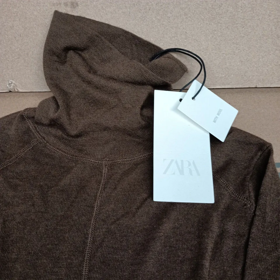 ZARA Wool-Blend Zip-Up Hoodie, Brown, Size S