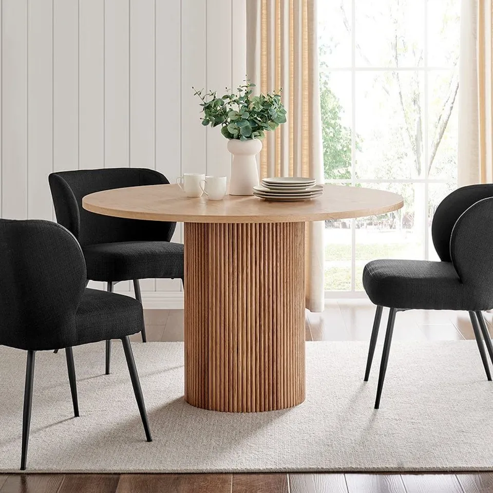 BOXED DUSK HATTIE PANEL ROUND 4-6 SEATER PEDESTAL DINING TABLE - NATURAL (2 BOXES)