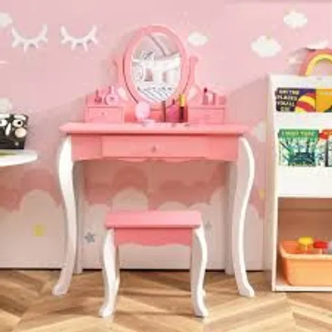 BOXED COSTWAY KIDS PINK VANITY TABLE AND CHAIR SET WITH ROTATABLE MIRROR