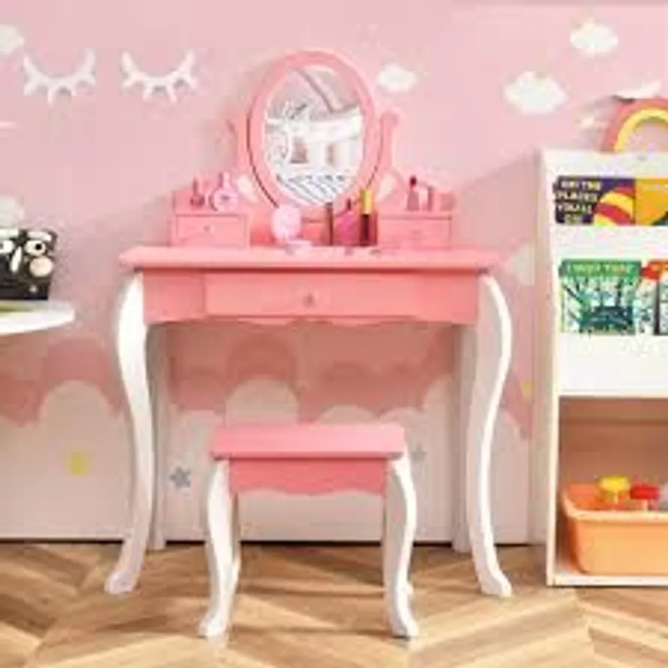 BOXED COSTWAY KIDS PINK VANITY TABLE AND CHAIR SET WITH ROTATABLE MIRROR