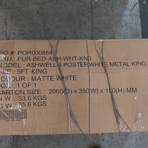 BOXED ASHWELL 4 POSTER MATTE WHITE METAL KING SIZE BED (1 BOX)