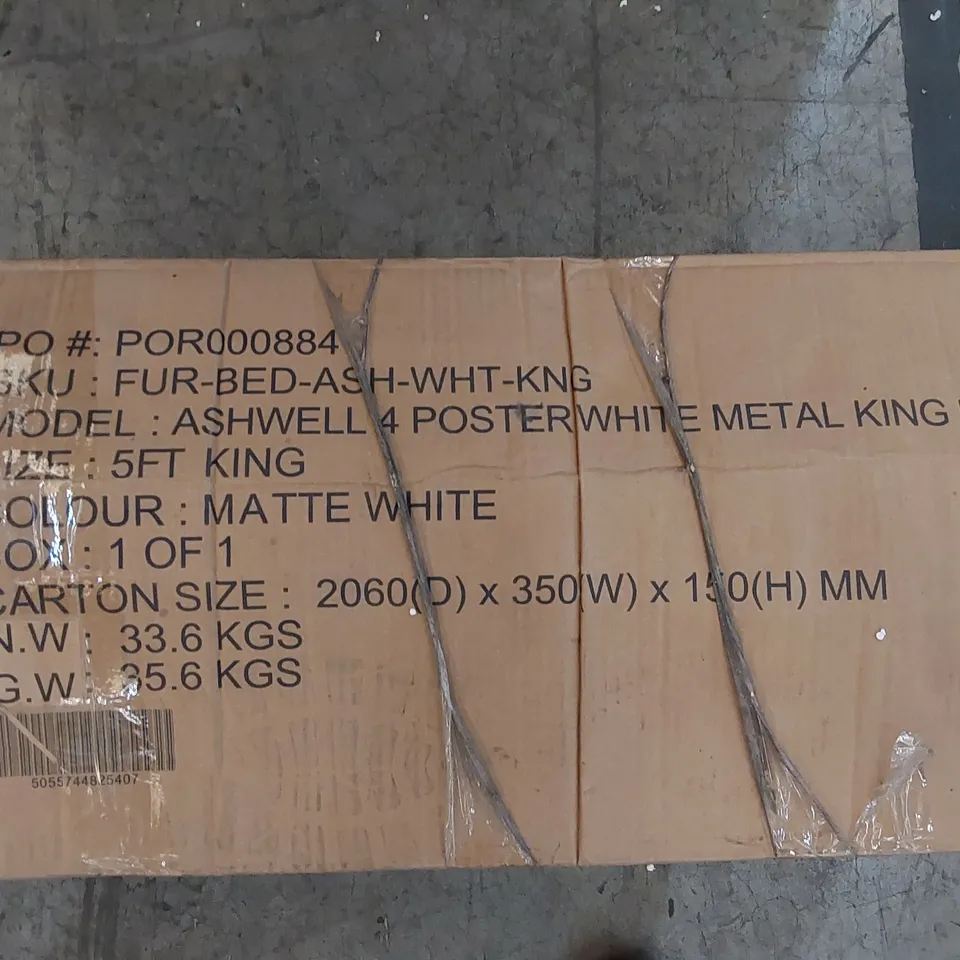 BOXED ASHWELL 4 POSTER MATTE WHITE METAL KING SIZE BED (1 BOX)