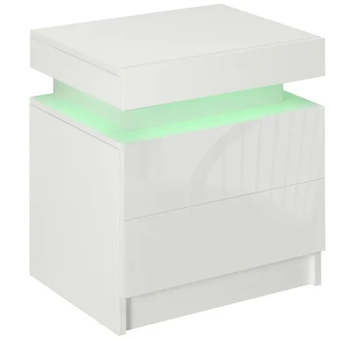 BOXED HOMCOM WHITE BEDSIDE TABLE WITH LED LIGHT, HIGH GLOSS FRONT NIGHTSTAND WITH 2 DRAWERS (1 BOX)