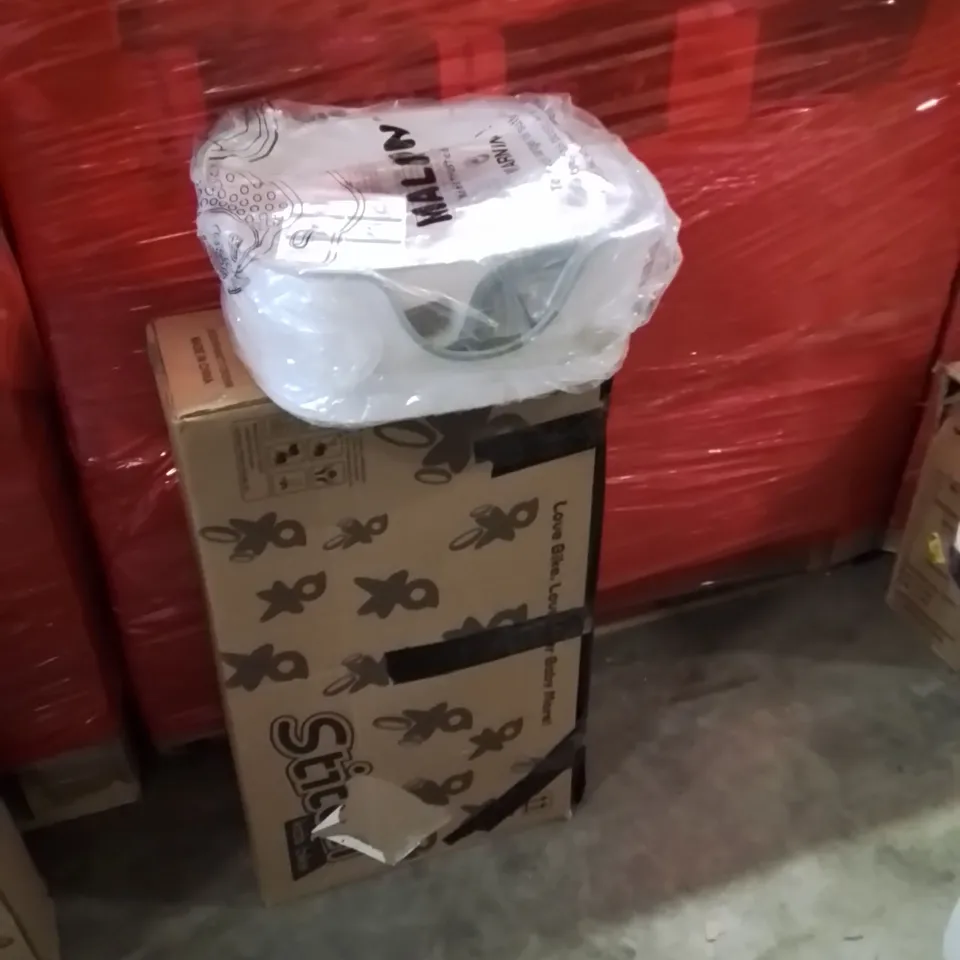 PALLET OF ASSORTED HOUSEHOLD GOODS AND PRODUCTS TO INCLUDE;KIDS BIKE,TOILET SEAT