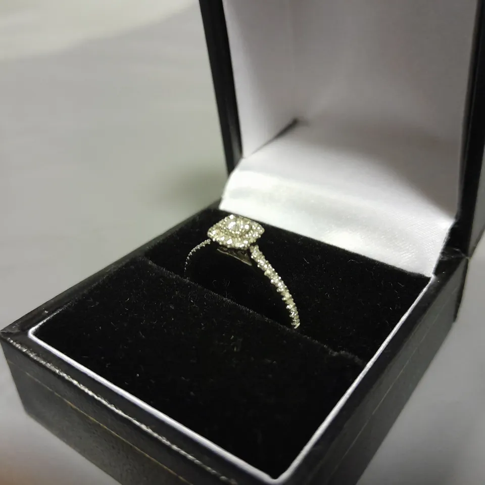9CT WHITE GOLD RING WITH NATURAL DIAMOND HALO & SHOULDERS