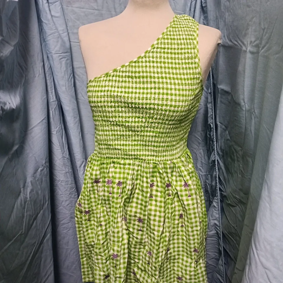 COLLUSION GREEN GINGHAM ONE-SHOULDER SMOCKED DRESS, UK10
