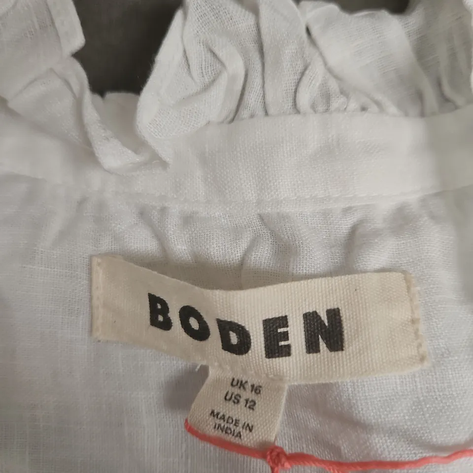 BODEN WOMEN'S WHITE BLOUSE, UK 16 (US 12) - SLEEVELESS WITH FRILL EDGES