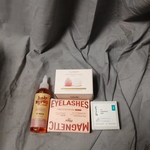 APPROXIMATELY 25 ITEMS INCLUDING HEALTH & BEAUTY ASSORTED LOT – HAIR OIL, EYELASHES, SHAMPOO BAR & BOXED COSMETICS AND CLOMANA MARSHMALLOW SPONGES .