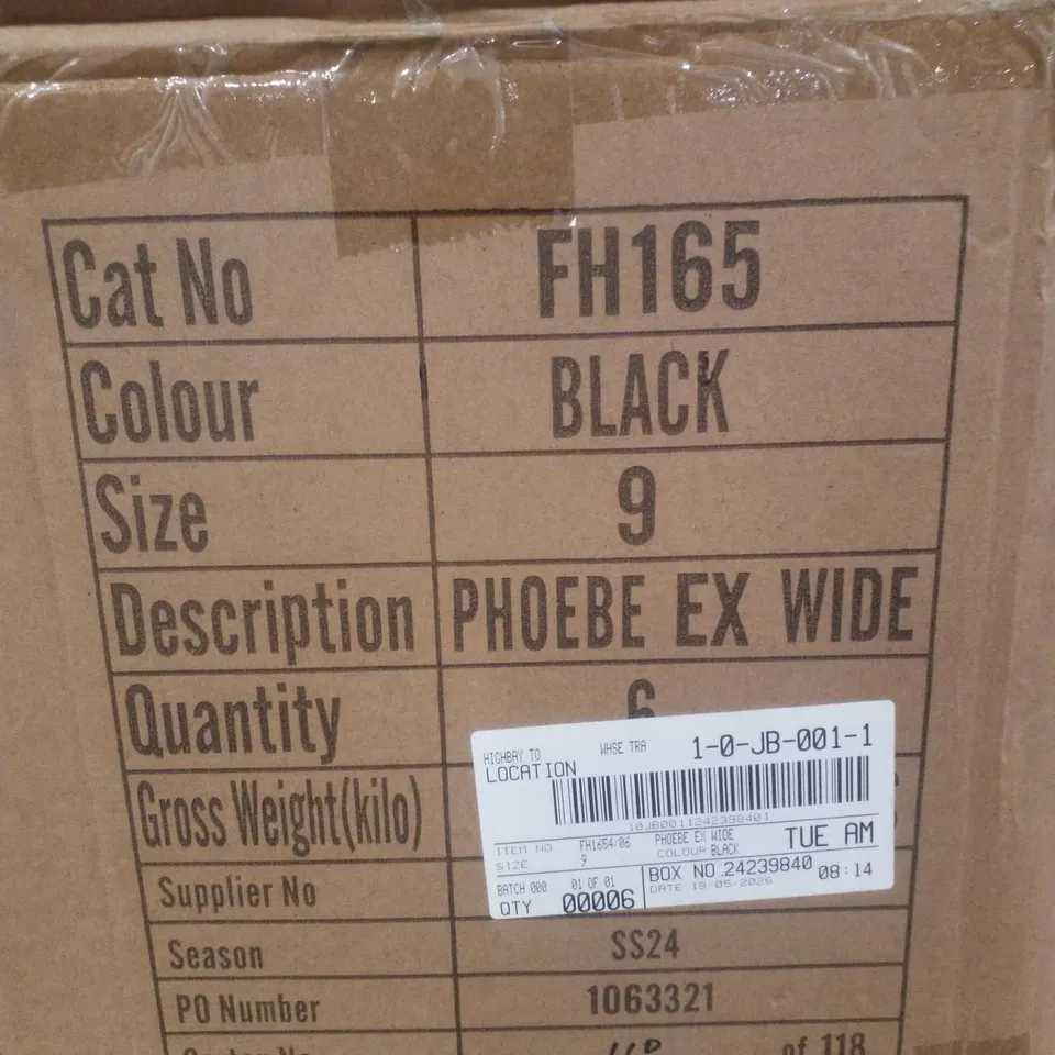 BOX CONTAINING APPROXIMATELY 6 PAIRS OF BRAND NEW SIMPLY BE BLACK PHOEBE EX WIDE SANDALS - SIZE 9