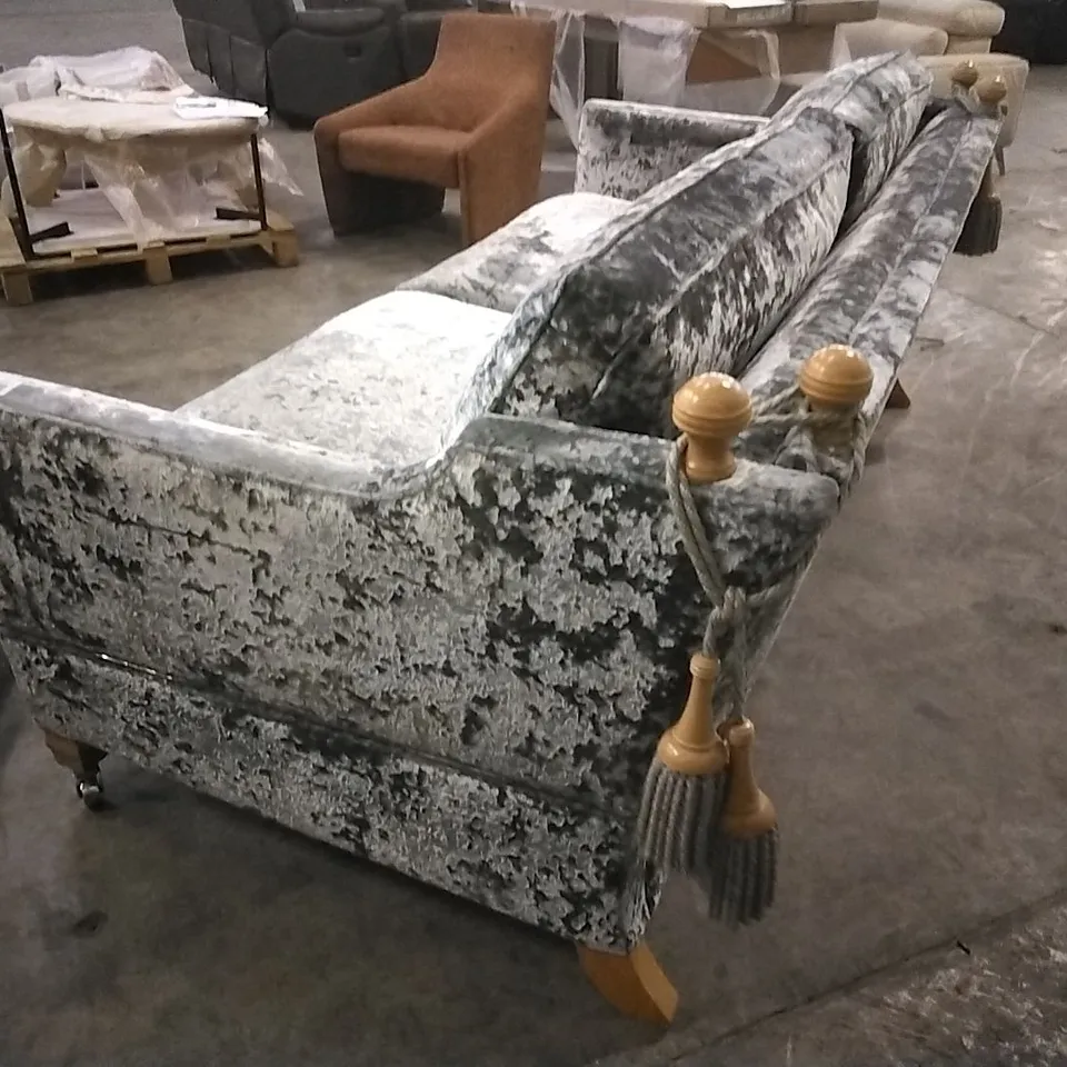 BRAND NEW DURESTA DERWENT GREY CRUSHED VELVET THREE SEATER SOFA WITH TWO ARM COVERS RRP £8500