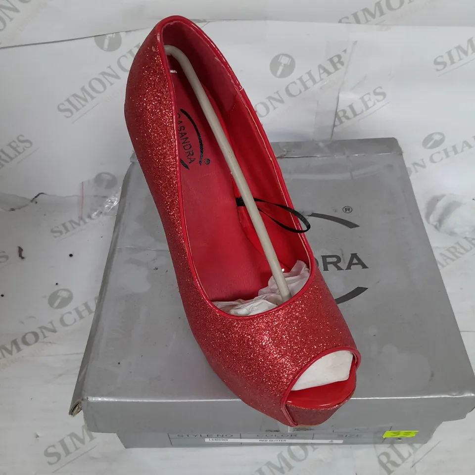 BOXED PAIR OF CASANDRA PLATFORM STILLETO HEEL OPEN TOE IN RED GLITTER SIZE 5