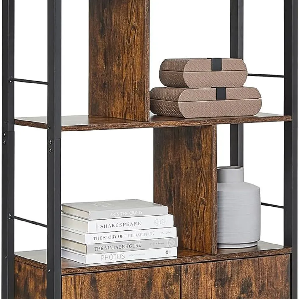 BOXED VASAGLE BOOKSHELF, STORAGE SHELF, LARGE BOOKCASE WITH DOORS - BROWN/BLACK
