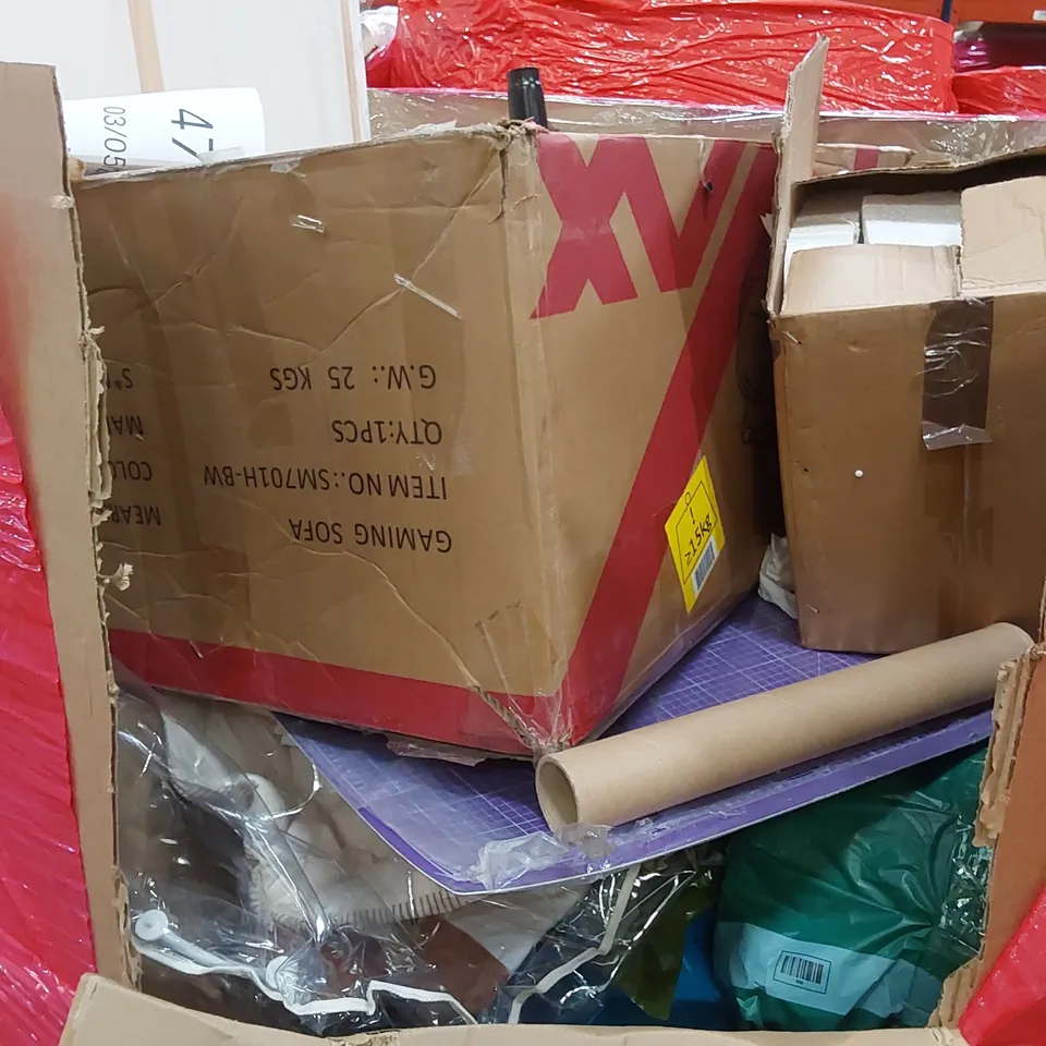 PALLET OF ASSORTED HOUSEHOLD ITEMS AND CONSUMER PRODUCTS. INCLUDING; GAMING CHAIR, BOXED FURNITURE ETC 