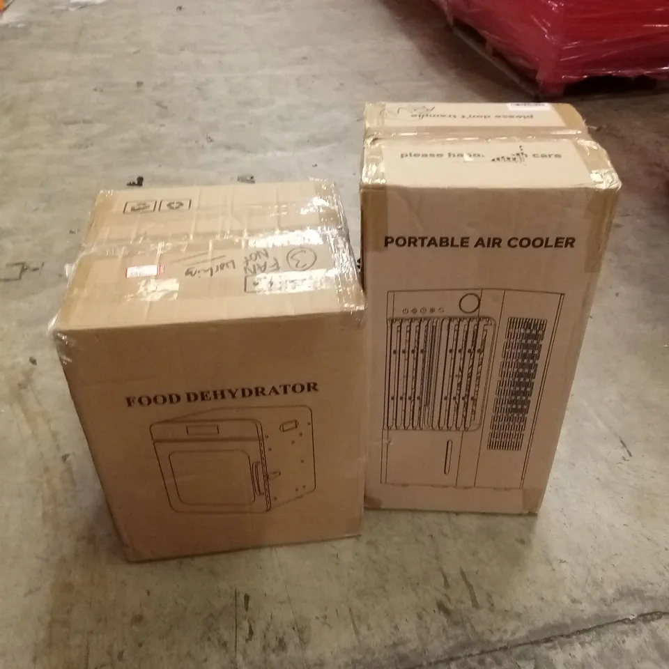 PALLET OF ASSORTED HOUSEHOLD GOODS & PRODUCTS TO INCLUDE; FOOD DEHYDRATOR, PORTABLE AIR COOLER, BOXED FURNITURE ETC