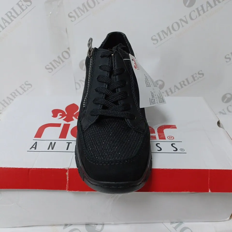 BOXED PAIR OF RIEKER WEDGE TRAINERS WITH SIDE ZIPS - BLACK - SIZE 6