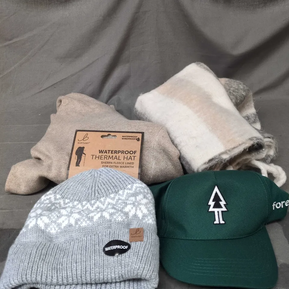 BOX OF APPROXIMATELY 15 ASSORTED CLOTHING ITEMS TO INCLUDE BEANIE, CAP, SCARF, BUTTON UP TOP ETC