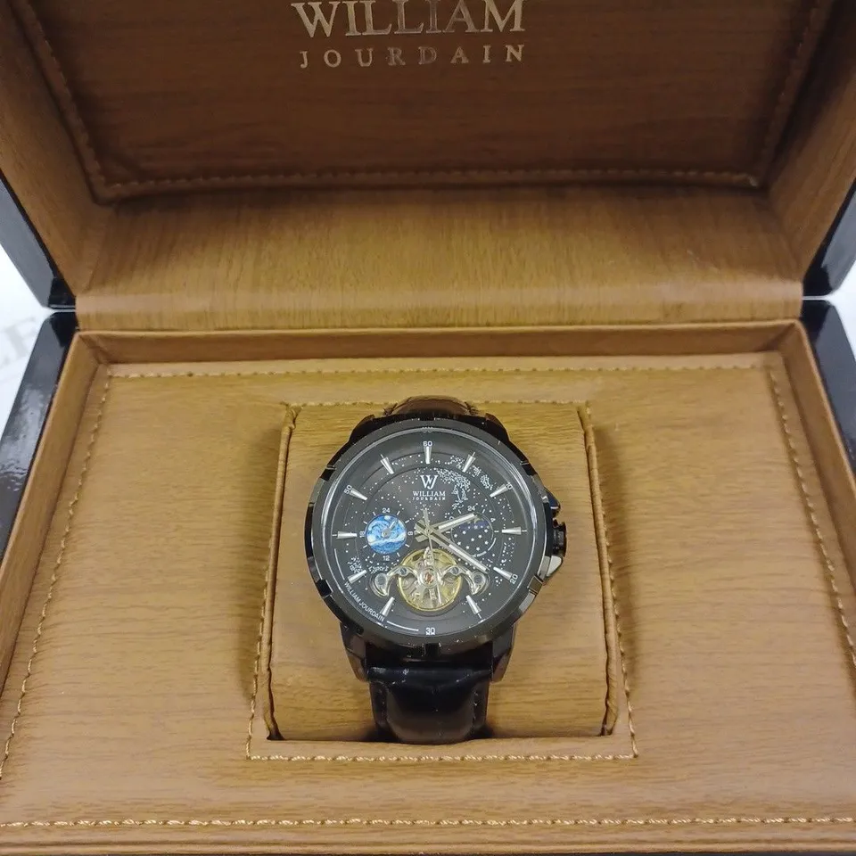 WILLIAM JOURDAIN PART SKELETON AUTOMATIC BLACK LEATHER STRAP WRISTWATCH
