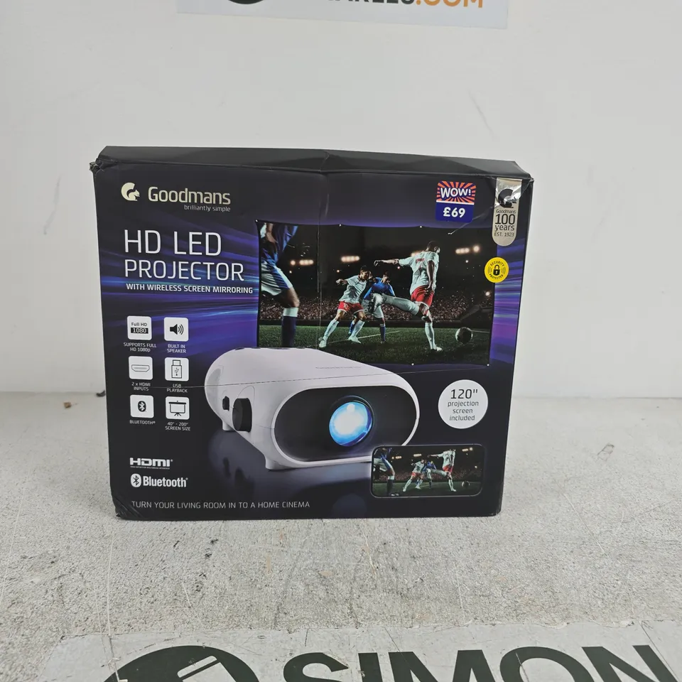 GOODMANS HD LED PROJECTOR – BOXED (BOXED, WITH 120" SCREEN)