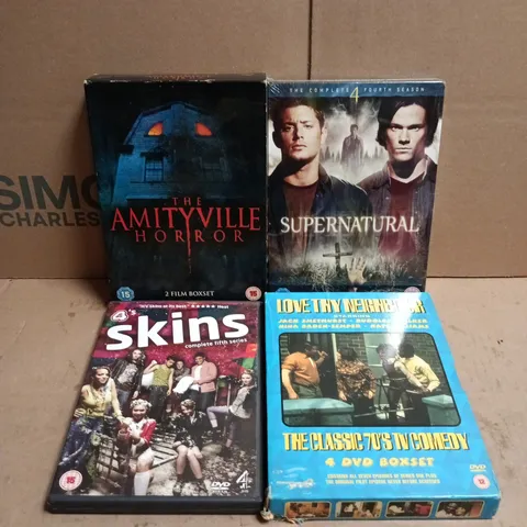 TOTE OF APPROXIMATELY 18 ASSORTED DVDS TO INCLUDE THE AMITYVILLE HORROR 2 FILM BOXSET, LOVE THY NEIGHBOUR 4 DVD BOX SET, SUPERNATURAL COMPLETE SEASON 4, SKINS COMPLETE FIFTH SEASON ETC 