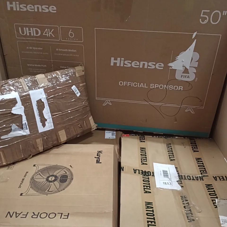 PALLET OF ASSORTED HOUSEHOLD GOODS AND PRODUCTS TO INCLUDE; GAMING MONITOR, TV, SMART CAT LITTER TRAY, BOXED FURNITURE ETC